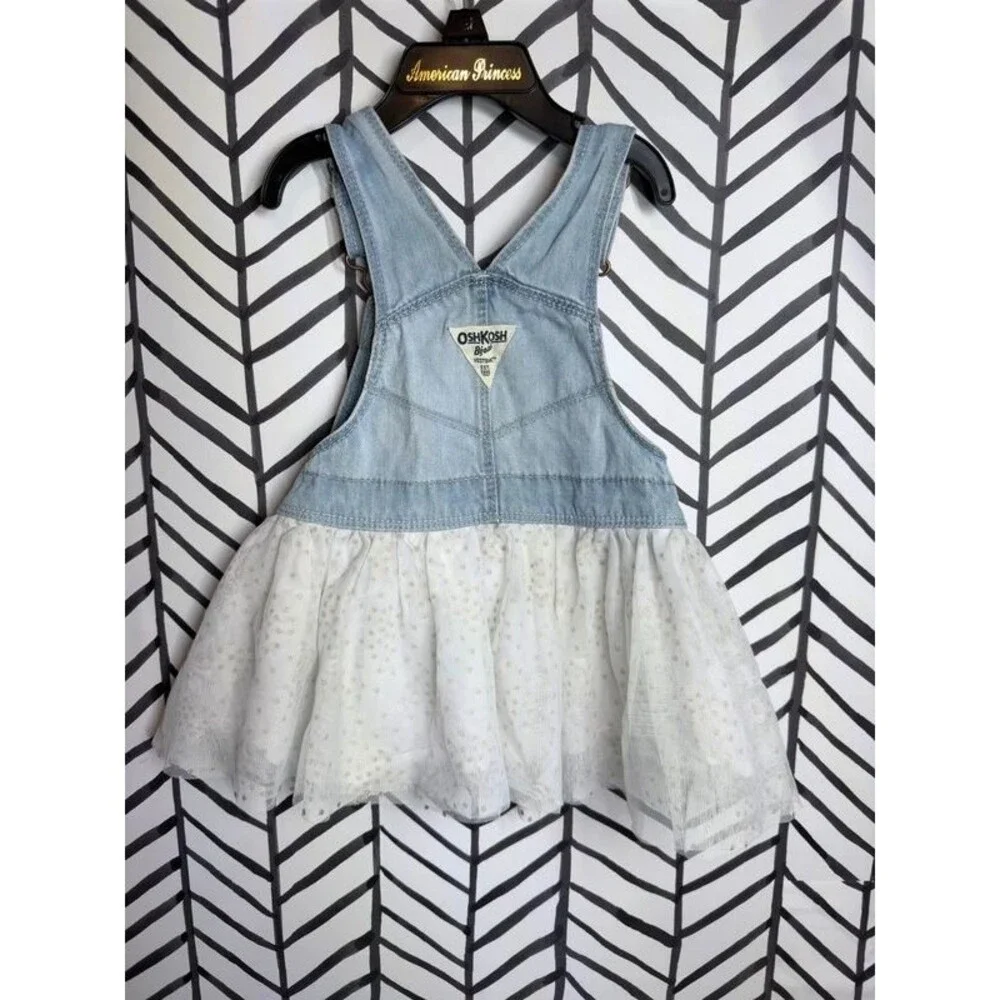 Oshkosh B’Gosh Blue White Gold Sparkly Overall Dress Baby Girls 12-18M 7125